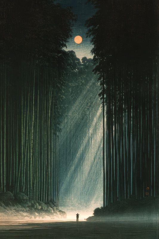 Moonlight falling in shafts through a tall bamboo grove with a small figure on the path