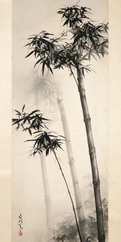 Tall bamboo stems and leaves in ink wash on paper