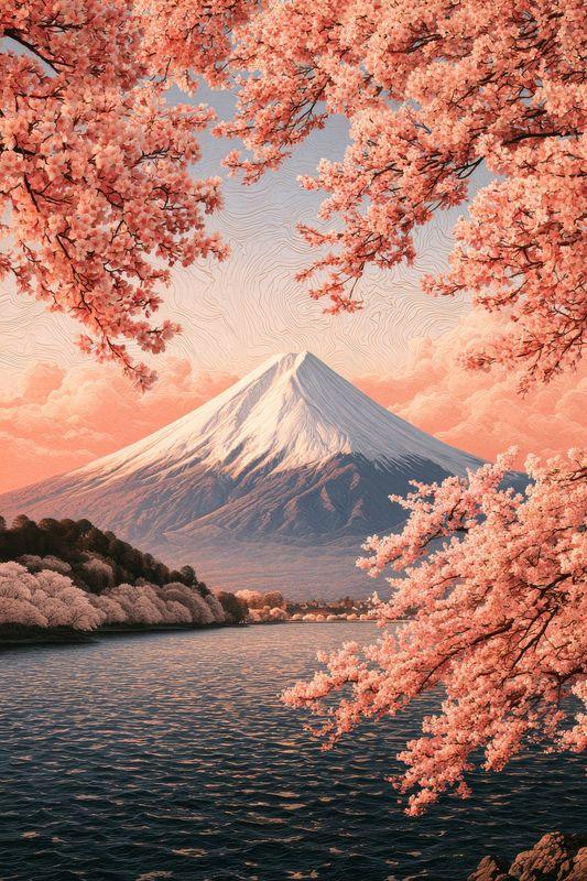 Mount Fuji seen across a lake through branches of cherry blossom