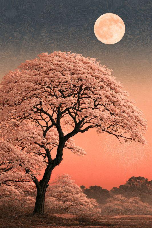 A cherry tree in silhouette against a pink sky and a full moon