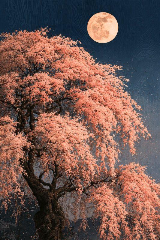 A weeping cherry tree in full blossom under a full moon, pink against a deep blue sky