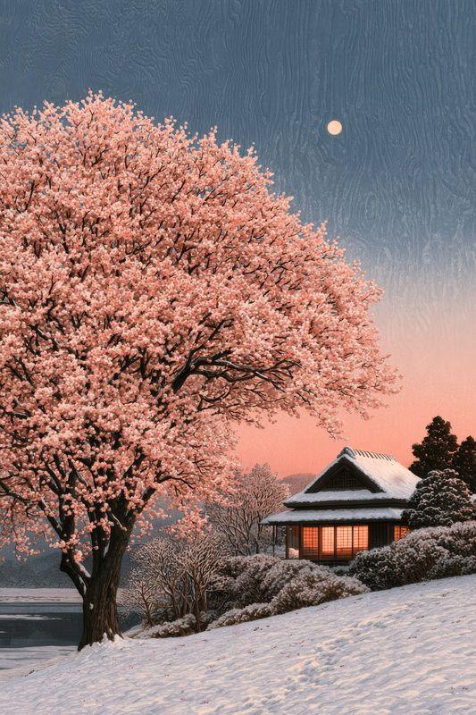 A pink cherry tree in snow beside a small teahouse with a glowing window