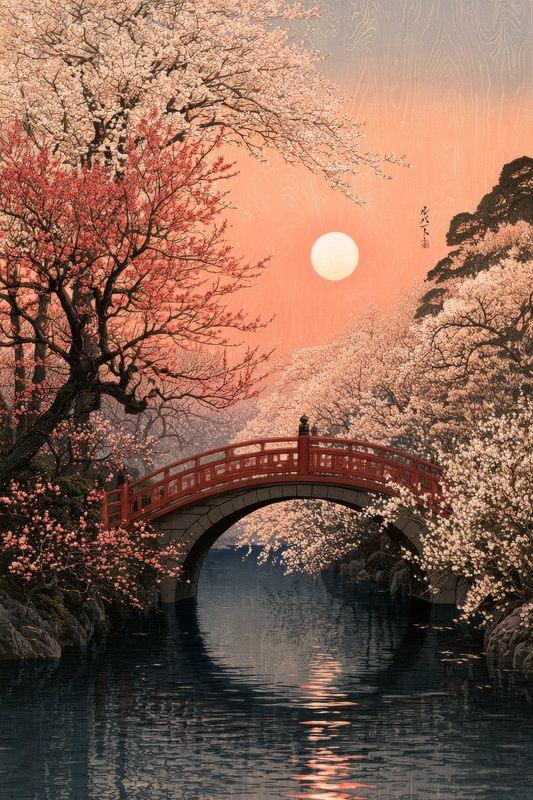 Plum and early cherry blossom beside a red bridge over a stream
