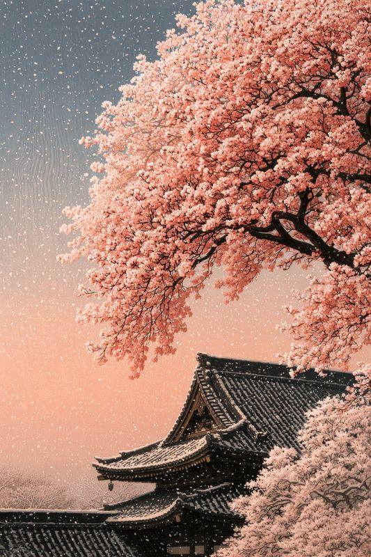 Cherry buds under fresh snow on a shrine roof