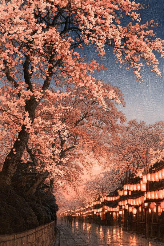 Cherry trees beside a riverside festival lit by rows of lanterns