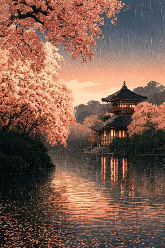 Rain on a temple pond beneath cherry leaves, with a lit pagoda