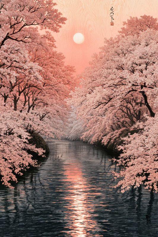 A tunnel of cherry blossom over a river at dawn