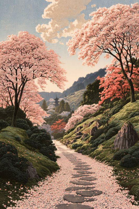 Fallen petals on a moss garden path between cherry trees