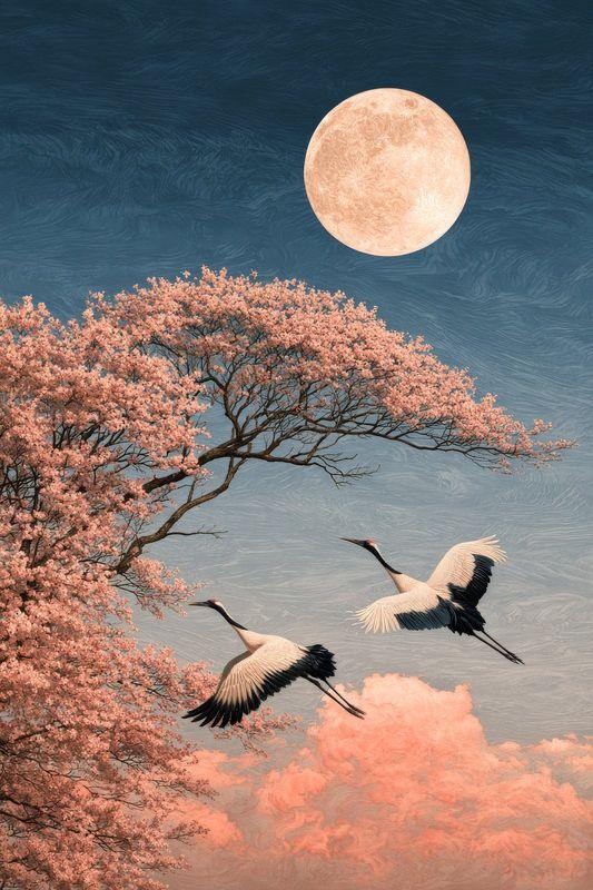 A bare cherry branch, a full moon and two cranes in flight