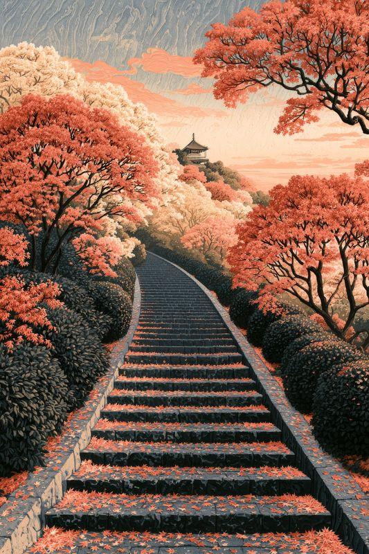 Crimson cherry leaves lining a long stone stair