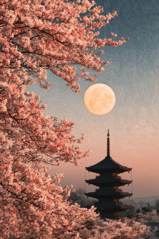 Cherry leaves turning gold beside a pagoda under the moon
