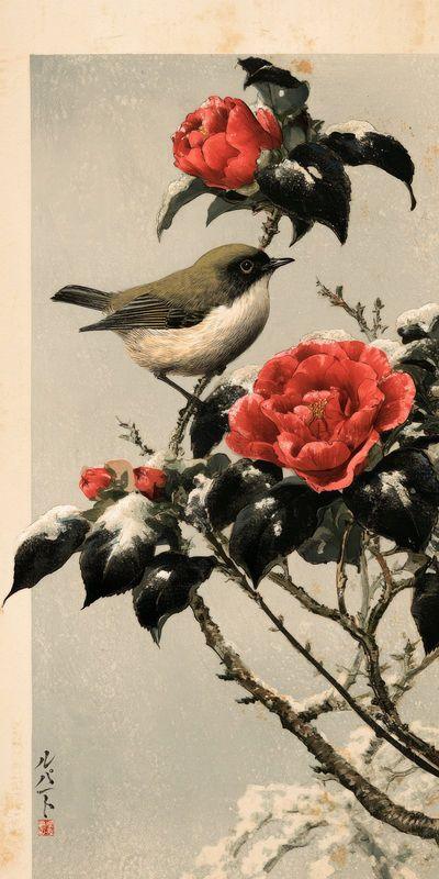 A small warbler perched among red camellias on aged paper
