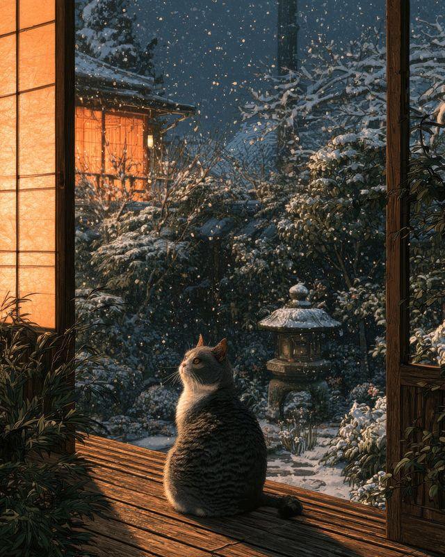 A cat sitting on a veranda watching snow fall on a lantern-lit garden