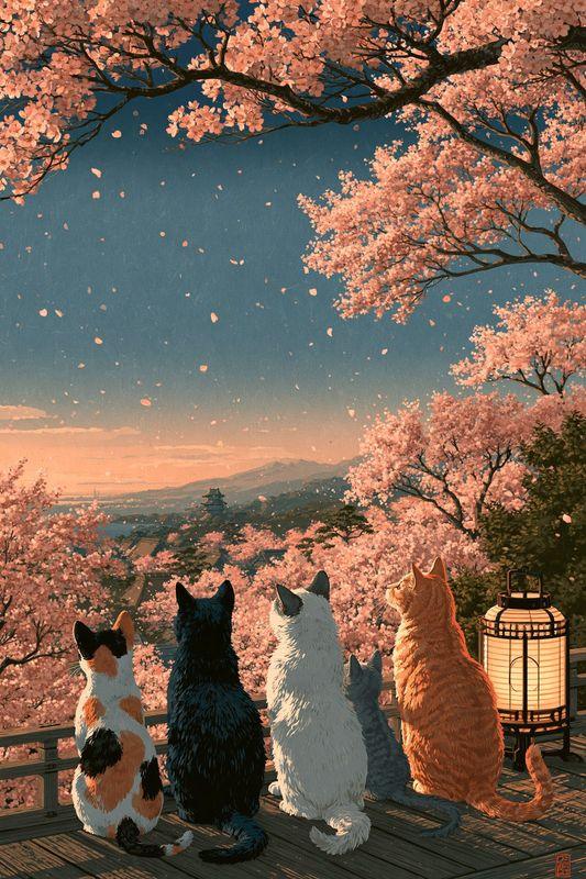 Five cats sitting on a balcony under cherry blossom, watching the view