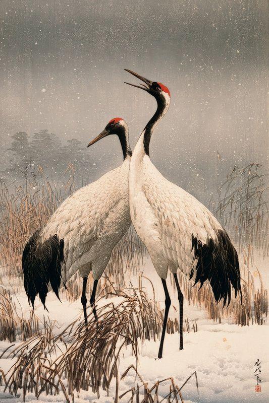 Two red-crowned cranes calling to each other in falling snow