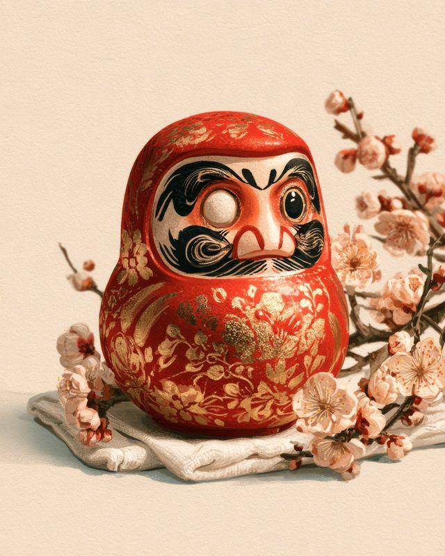 A red daruma doll beside a branch of plum blossom