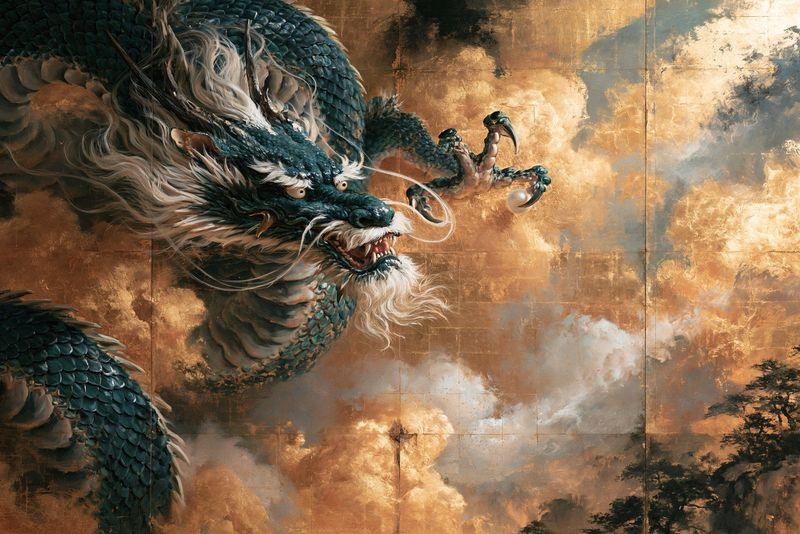 A blue-green dragon winding through gold and cream clouds on a screen
