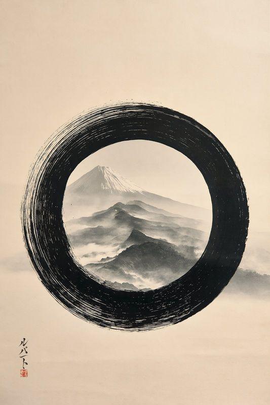 An ink circle framing a misty mountain in its centre