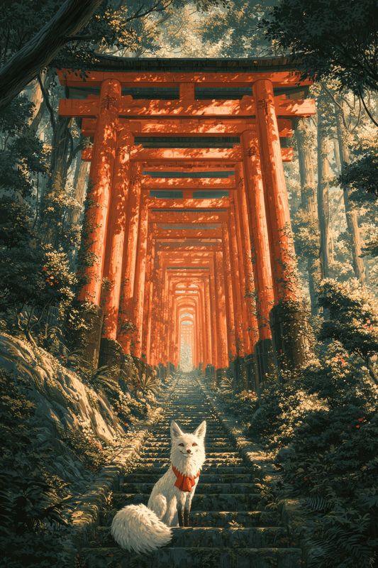 A white fox on the steps beneath a tunnel of red torii gates