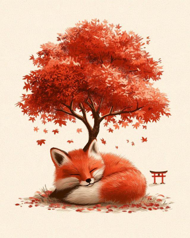 A fox cub curled asleep beneath a red maple tree