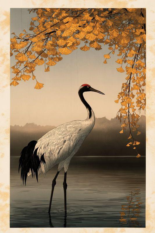 A crane standing in shallow water beneath yellow ginkgo leaves