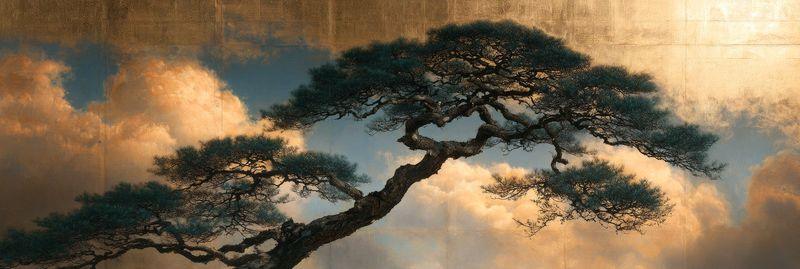 A pine tree among clouds on a gold-leaf folding screen