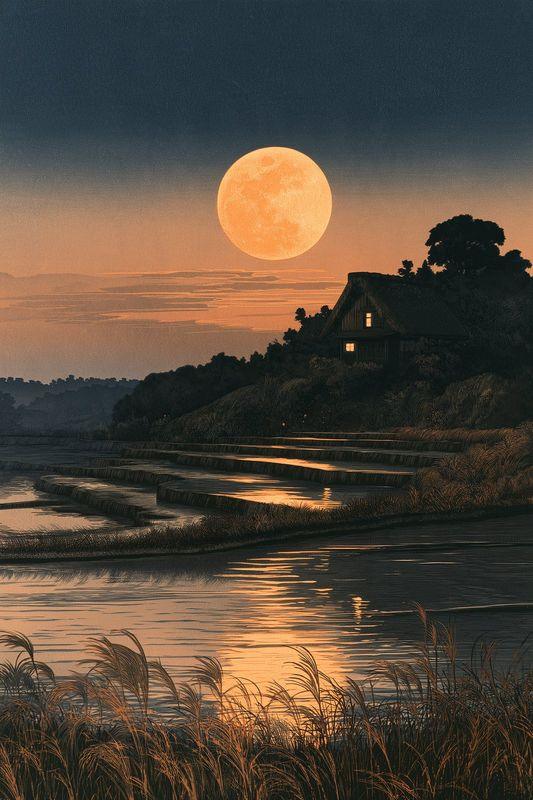 A harvest moon rising over flooded rice terraces and a farmhouse at dusk