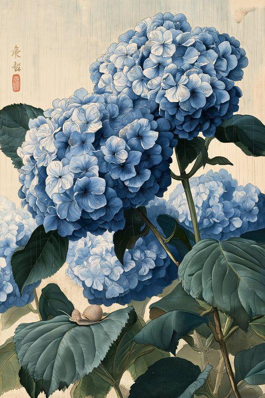 Blue hydrangea heads with a small snail on a leaf