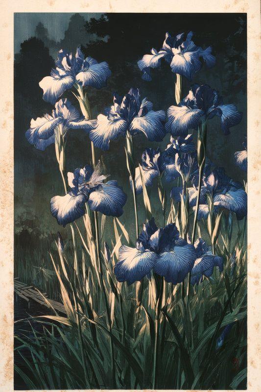 Blue irises in a dark garden, in the vintage woodblock manner