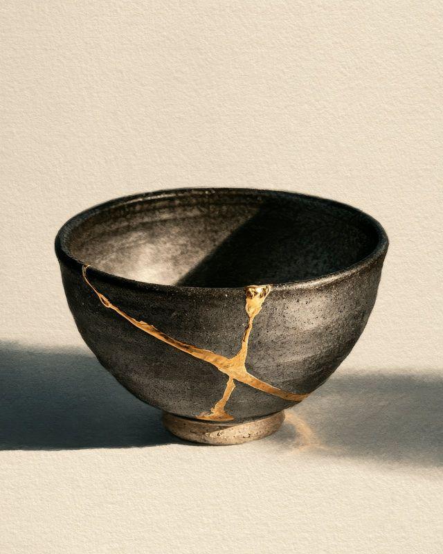 A black tea bowl mended with seams of gold, standing in soft light