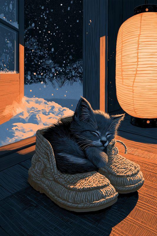 A grey kitten asleep inside a pair of straw snow boots beside a lantern
