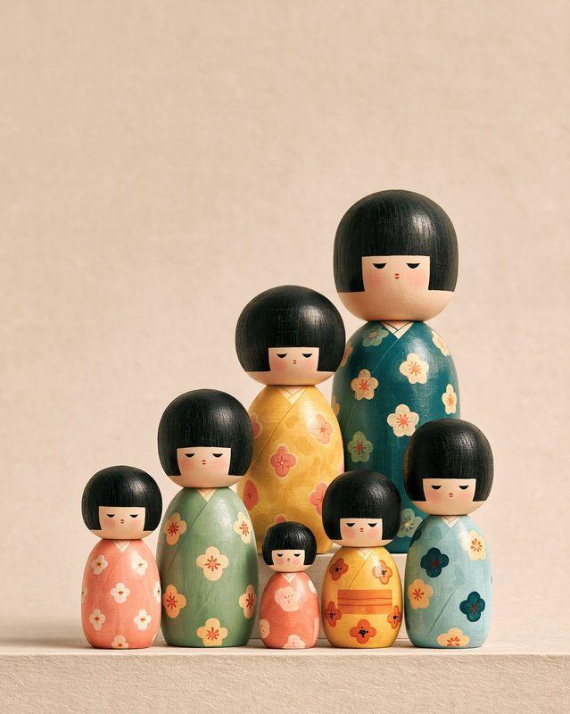 A family of painted kokeshi dolls standing in a row