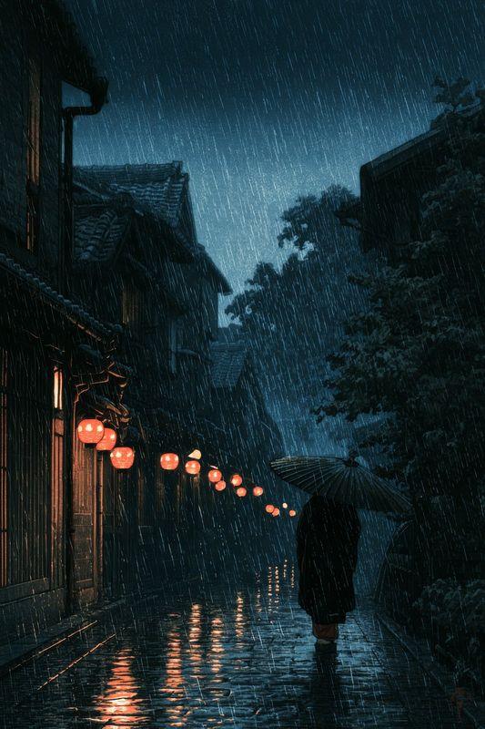 A narrow Kyoto alley at night in the rain, lit by a row of orange paper lanterns