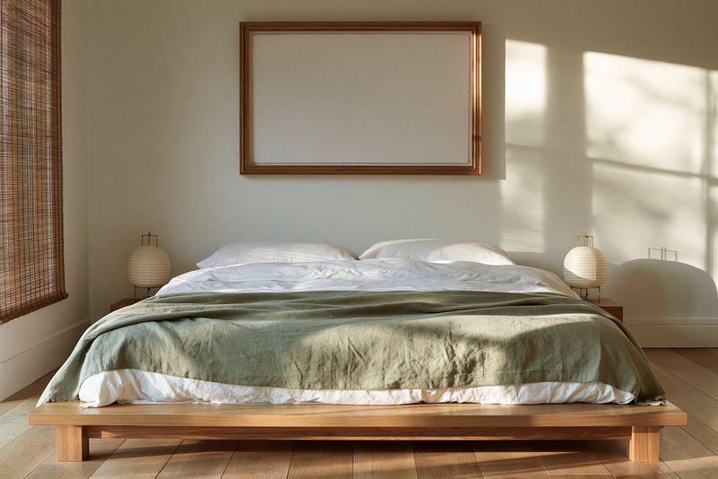 A print above a timber bed with sage linen