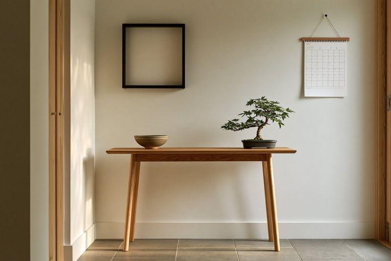 A print above a timber console table with a bonsai