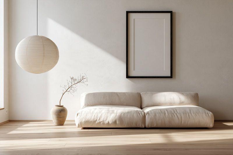 A print above a low linen sofa in a sunlit room