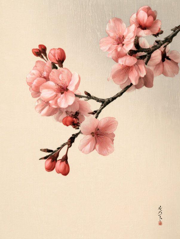 A single cherry branch with a few open blossoms on warm ivory paper