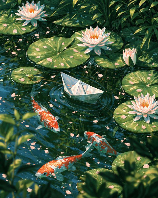 A white paper boat floating among lily pads and koi