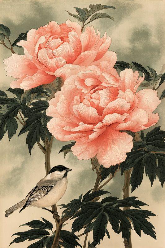 Pink peonies with a sparrow perched on the stem