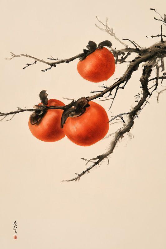 Three ripe orange persimmons on a bare ink-drawn branch