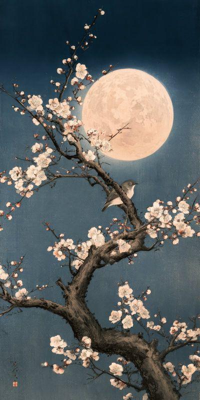 A plum branch in white blossom before a full moon on indigo