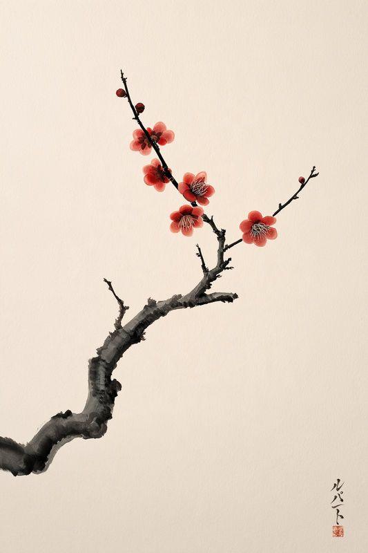 A plum branch with small red blossoms in ink on paper