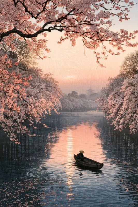 A quiet river at dawn lined with blossoming cherry trees, a small boat drifting beneath them