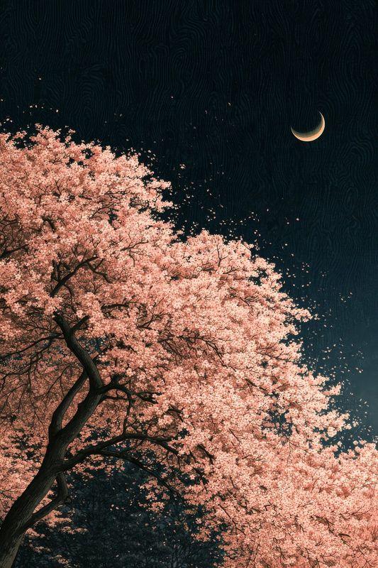 A cherry tree in full pink blossom against a dark night sky with a crescent moon