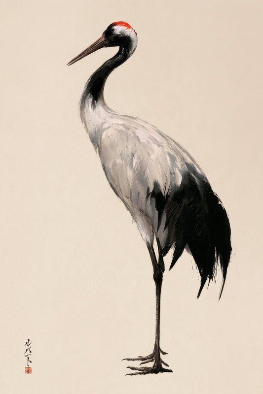 A red-crowned crane standing, painted in ink on warm paper