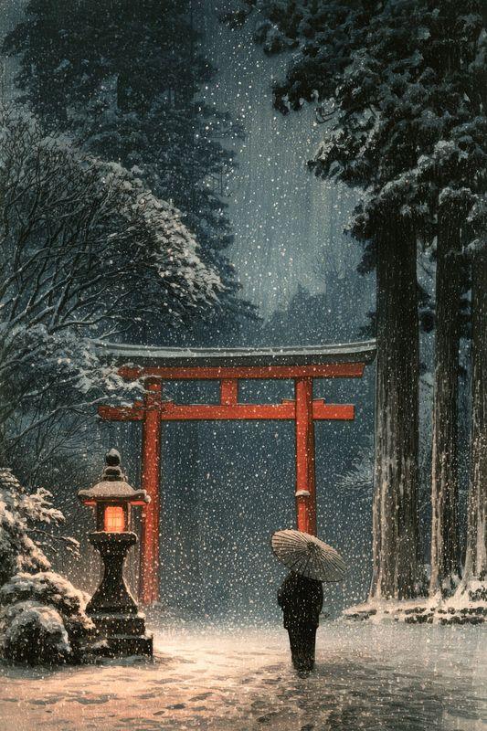 A red torii gate in falling snow among tall cedars, with a figure holding an umbrella