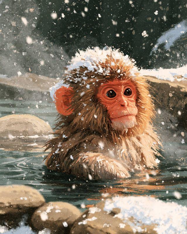 A snow monkey sitting in a steaming hot spring while snow falls