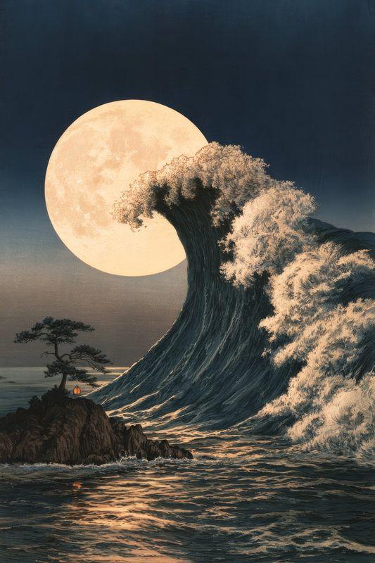 A great wave curling beneath a full moon with a lone pine on a rock
