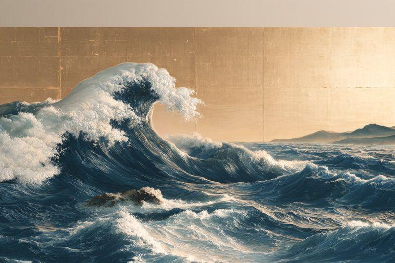 Blue waves breaking against a gold-leaf ground