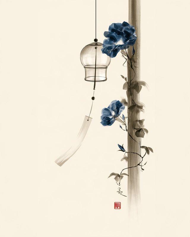 A glass wind chime hanging beside a vine of blue morning glory
